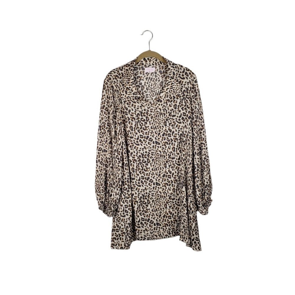 Pink Lily Mini Tunic Dress Leopard Animal Print Long Sleeve Womens Size Small
